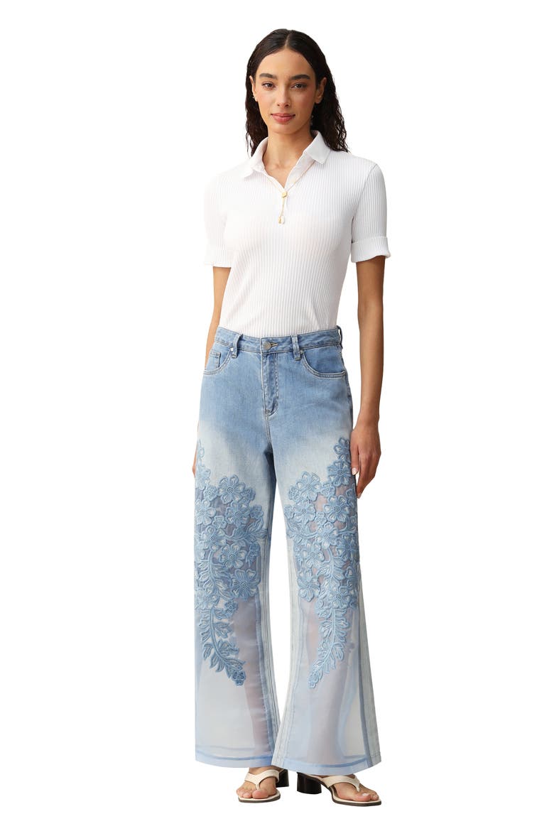 Embroidered High Waist Wide Leg Jeans, Alternate, color, LIGHT BLUE