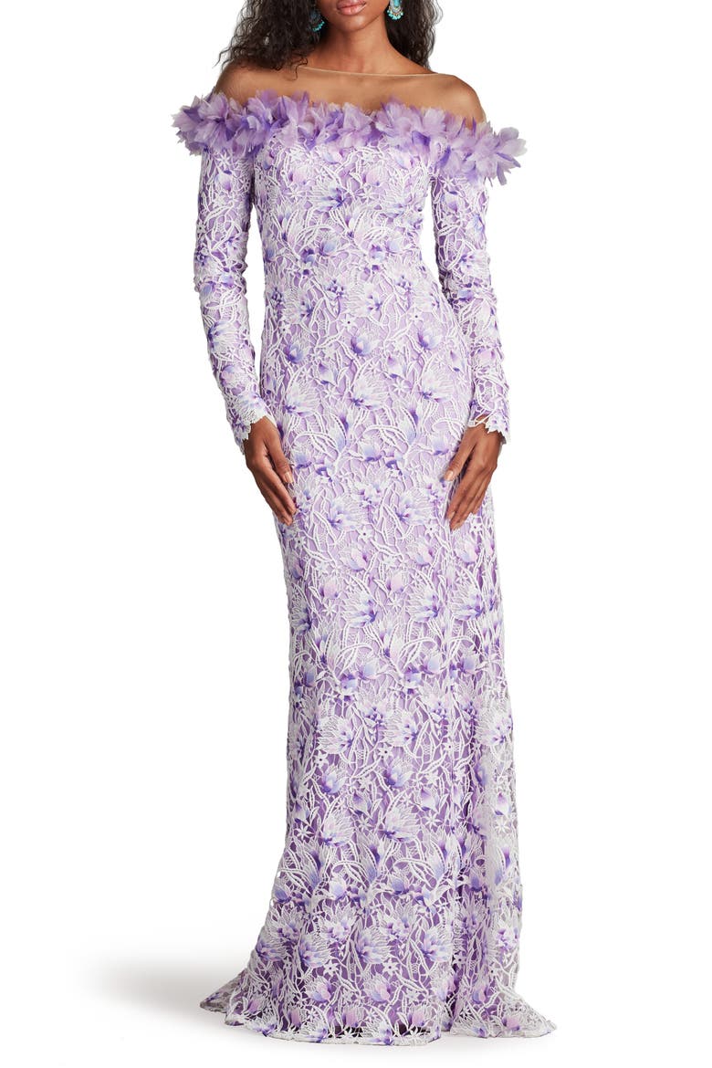 Floral Embroidered Off the Shoulder Gown, Alternate, color, WHITE/ PURPLE HAZE