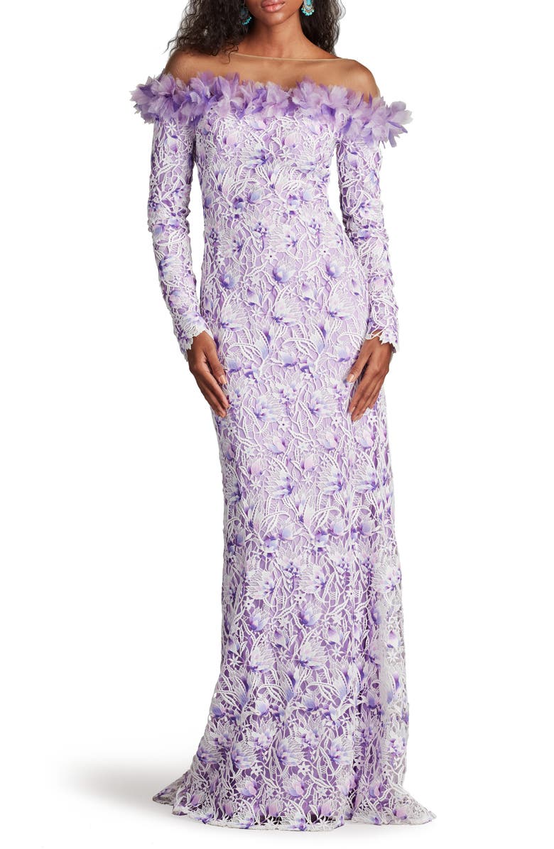 Tadashi Shoji Floral Embroidered Off the Shoulder Gown, Alternate, color, White/ Purple Haze