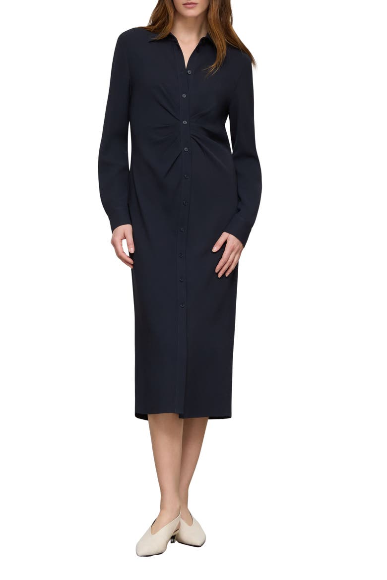 Pleated Waist Long Sleeve Finesse Crepe Shirtdress, Main, color, INK