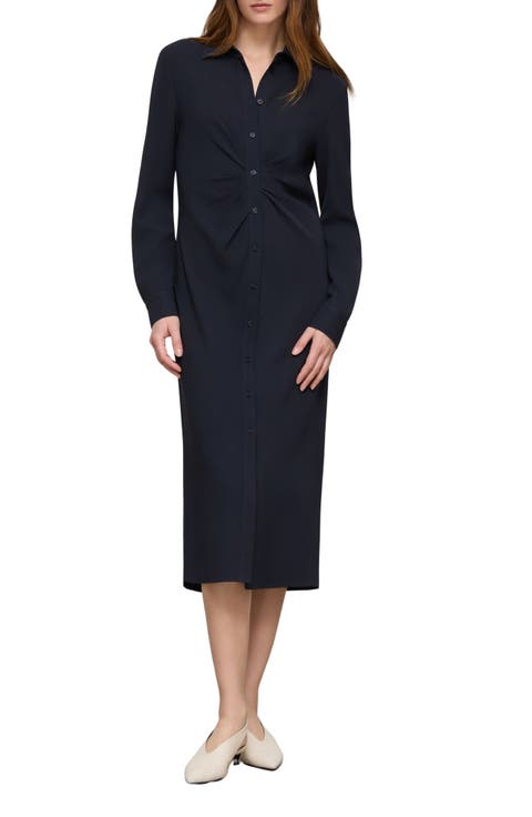 Pleated Waist Long Sleeve Finesse Crepe Shirtdress