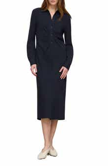 Pleated Waist Long Sleeve Finesse Crepe Shirtdress