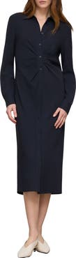 Lafayette 148 New York Pleated Waist Long Sleeve Finesse Crepe Shirtdress