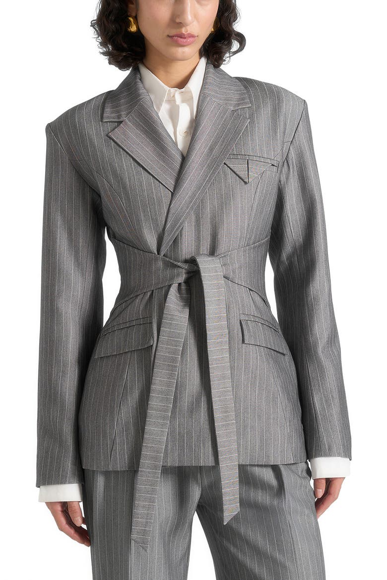 Delphine Pinstripe Wrap Tie Blazer, Main, color, Grey