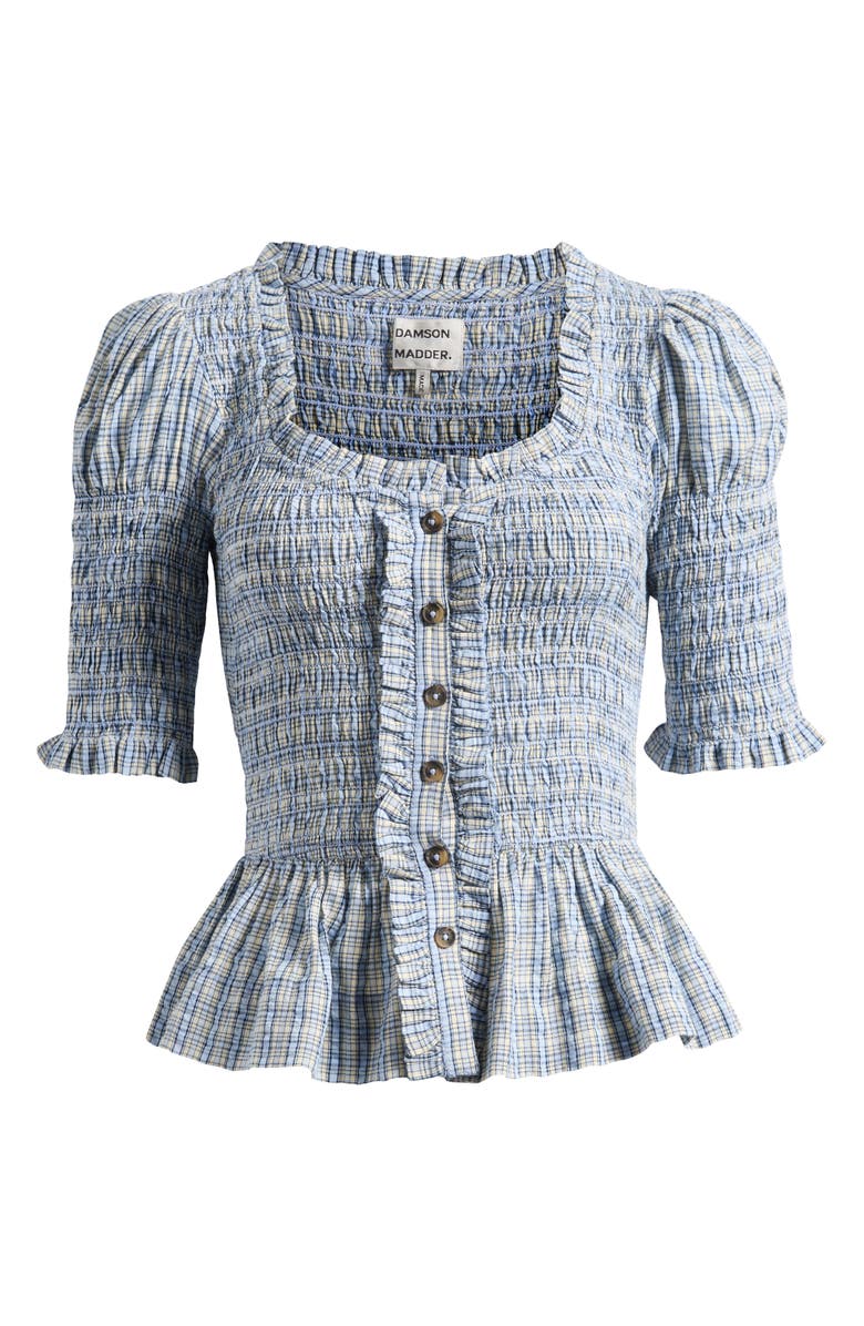 Damson Madder Mansi Smocked Organic Cotton Peplum Top, Alternate, color, Cloudy