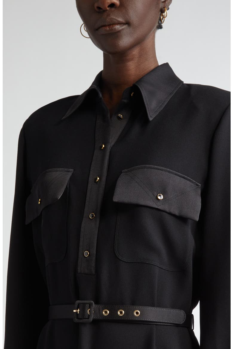 Long Sleeve Satin Back Crepe Shirtdress, Alternate, color, BLACK