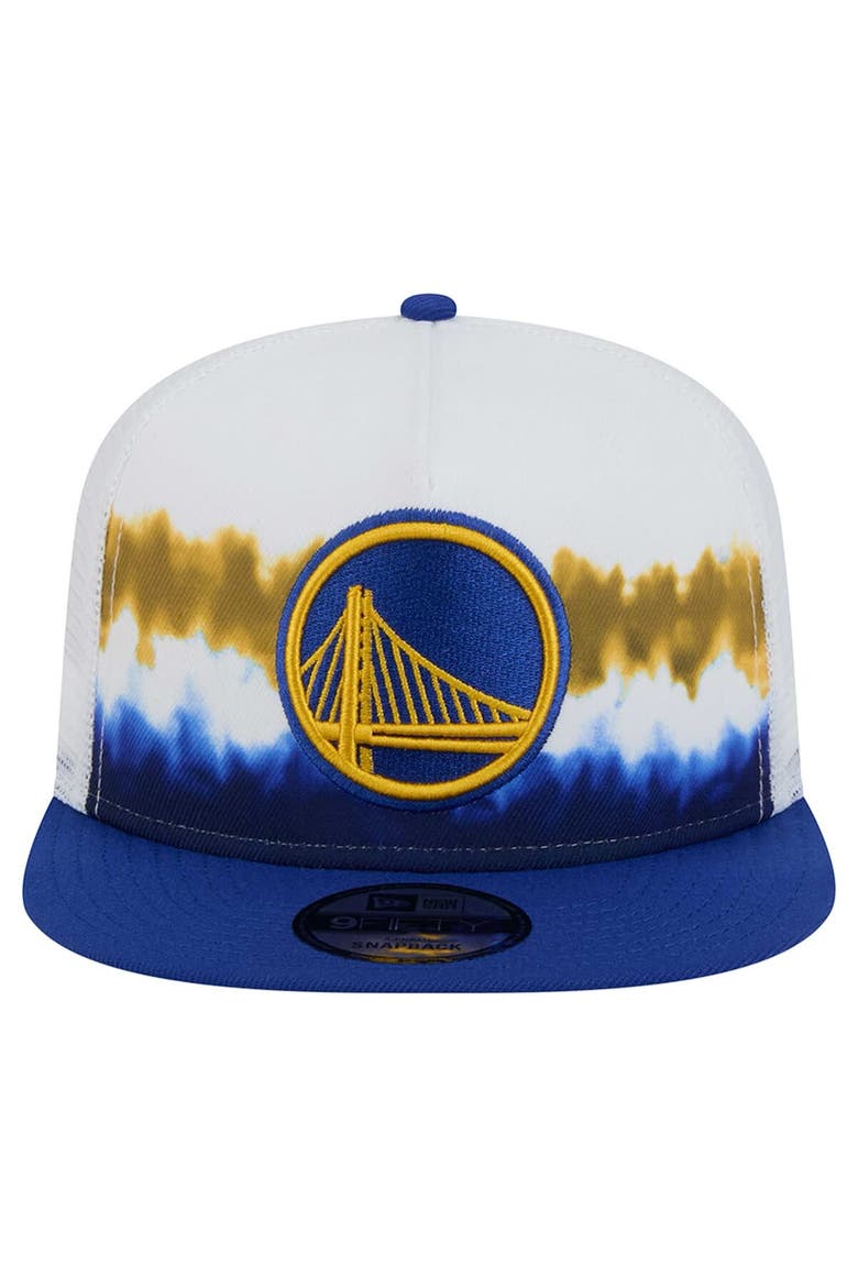 Men's New Era White/Royal Golden State Warriors Dip-Dye 9FIFTY A-Frame Trucker Snapback Hat, Alternate, color, White