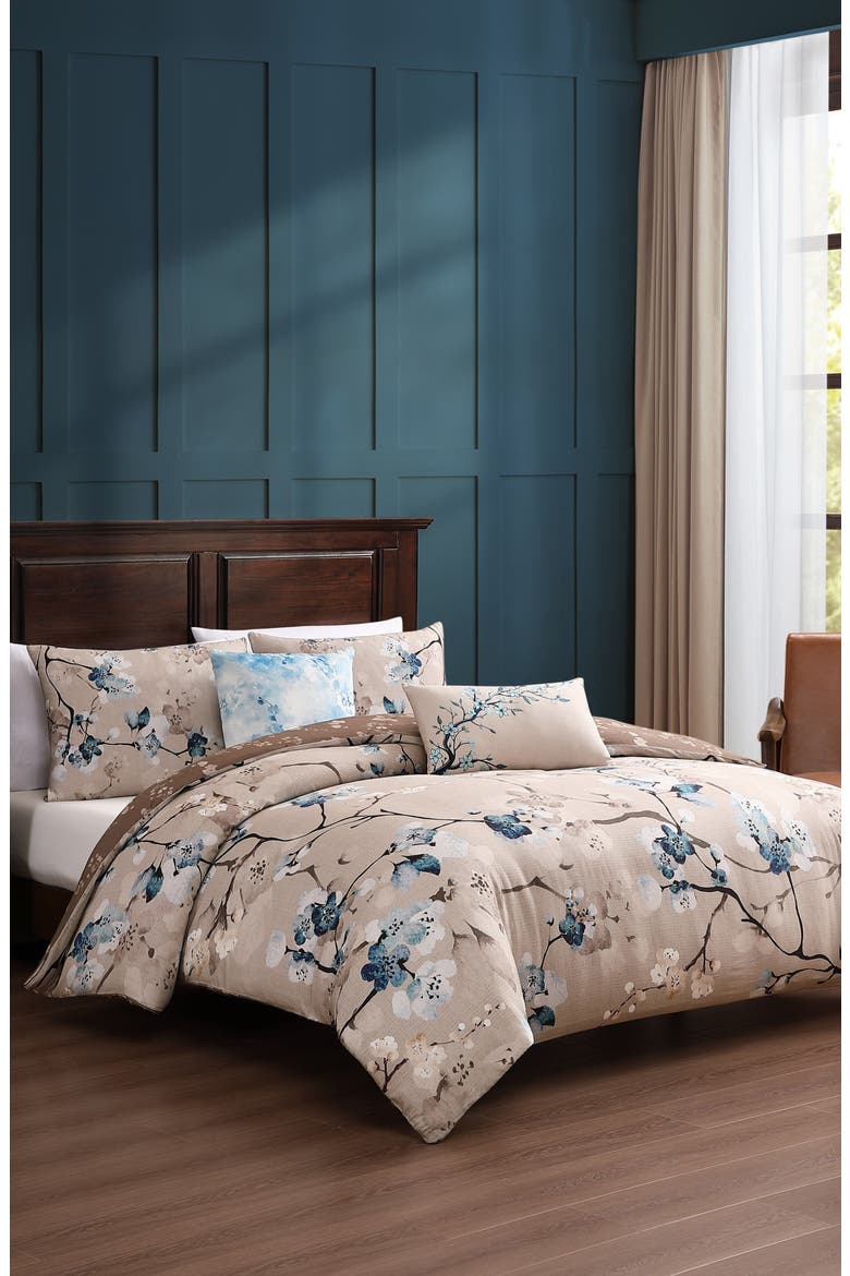 Blue Blossom Reversible 5-Piece Comforter Set, Alternate, color, BROWN