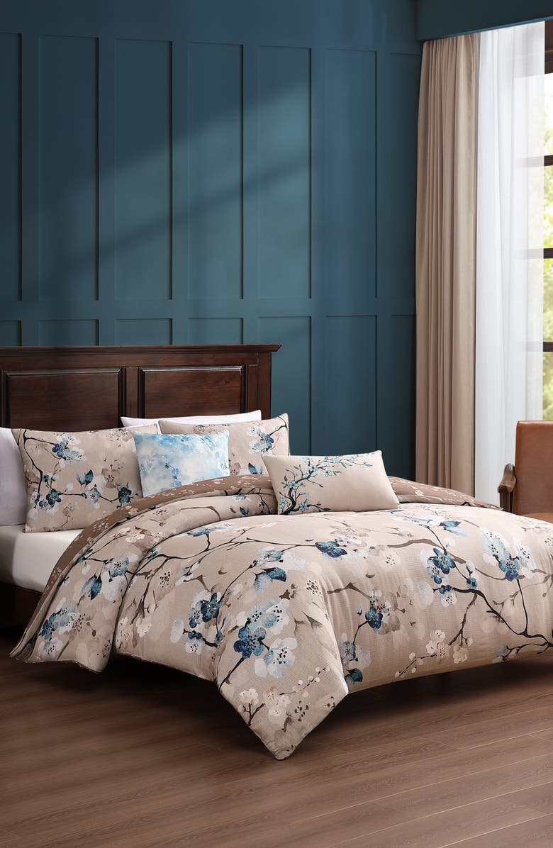 Bebejan Blue Blossom Reversible 5-Piece Comforter Set, Alternate, color, Brown