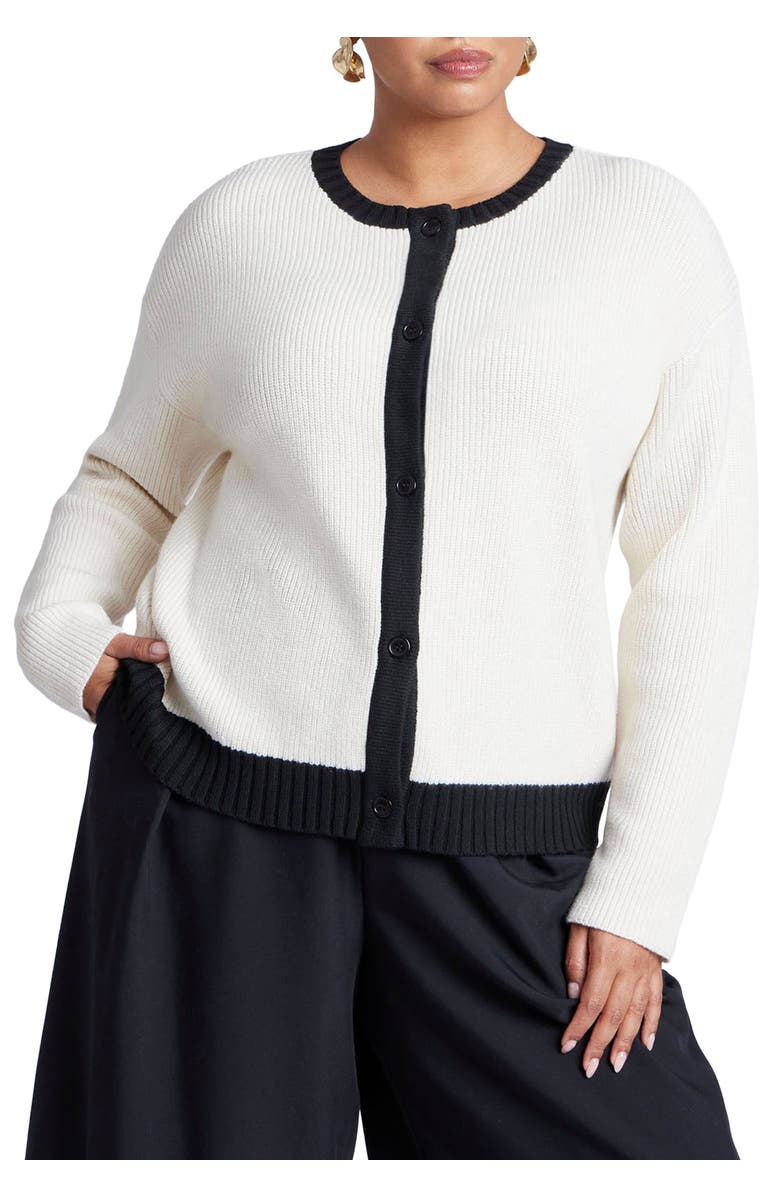 ELOQUII Contrast Placket Cardigan, Main, color, Cream And Black