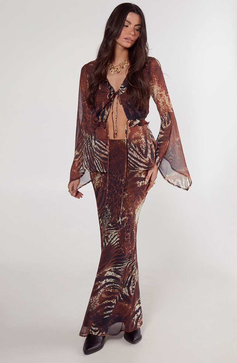 NASTY GAL Mixed Animal Print Crinkled Chiffon Maxi Skirt, Alternate, color, Tan