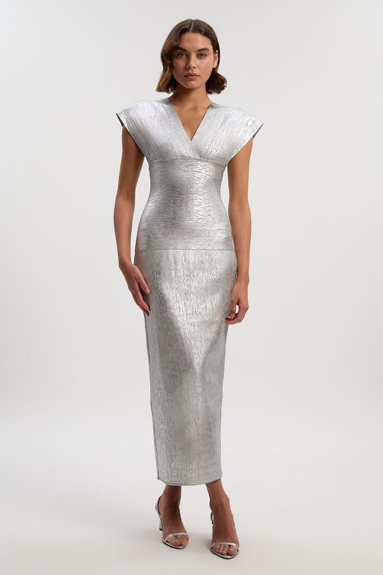 Deep V-Neck Angel Sleeve Maxi Dress, Main, color, Silver