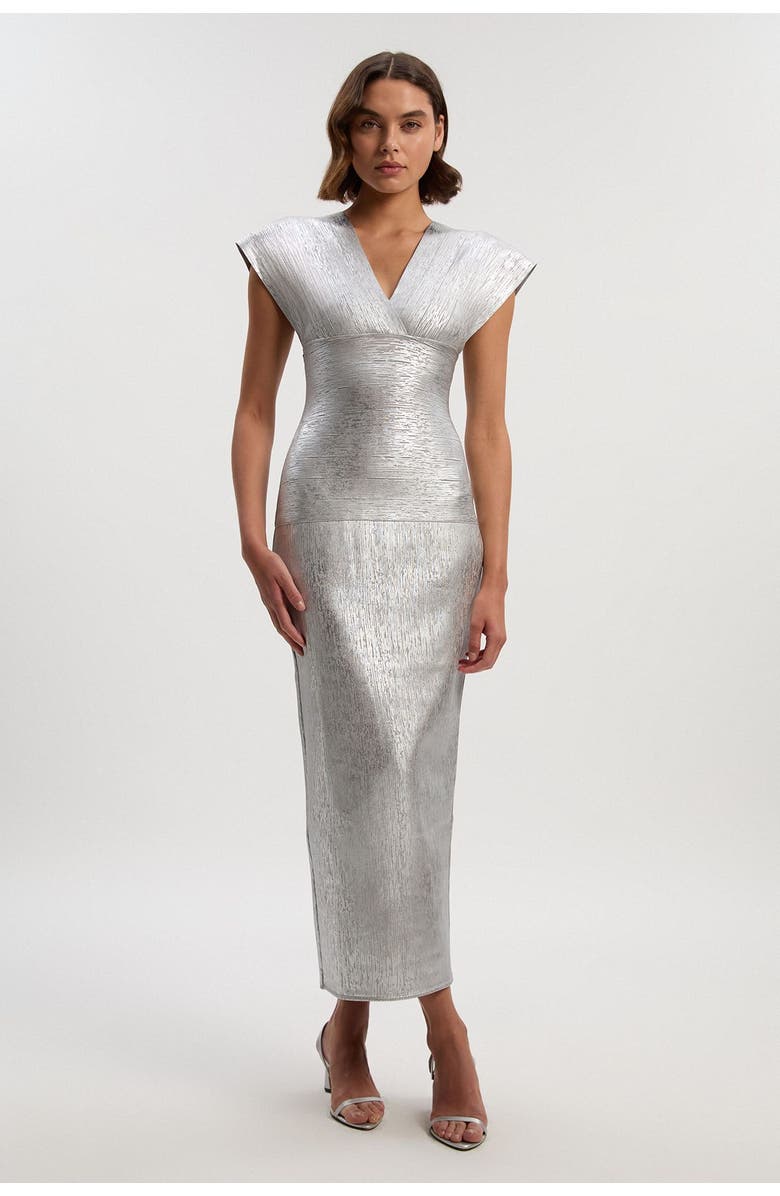 Karen Millen Metallic Angel Sleeve Knit Maxi Dress, Main, color, Silver