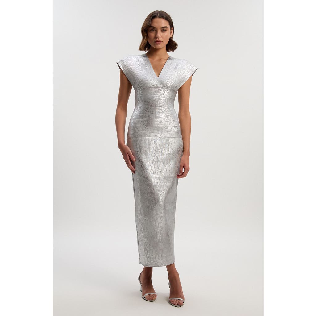 Karen Millen Metallic Angel Sleeve Knit Maxi Dress In Silver