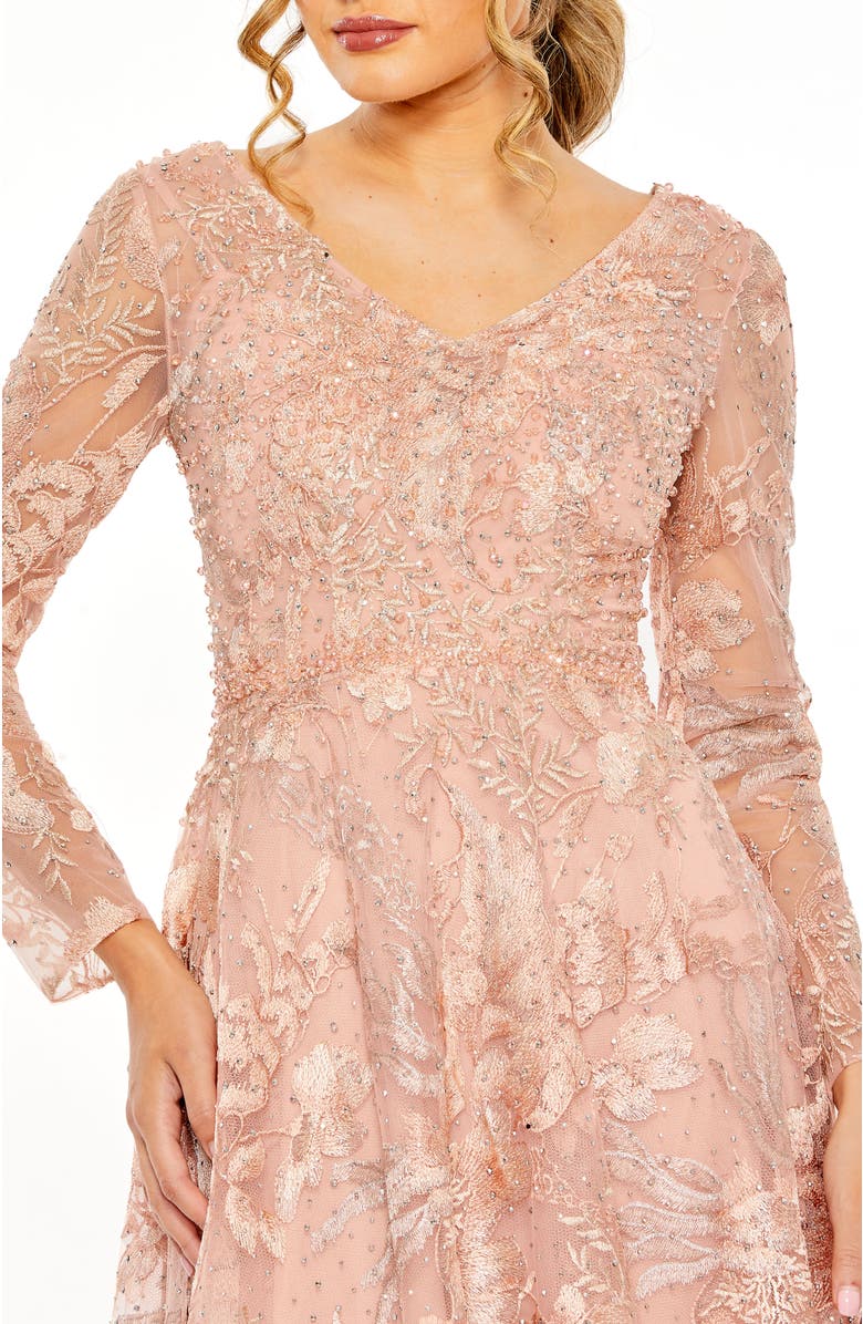 Mac Duggal Embellished Long Sleeve V Neck A Line Gown, Alternate, color, Dusty Rose