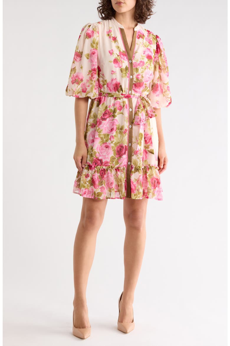 Puff Sleeve Tiered Shirtdress, Main, color, CREAM/ OLIVE