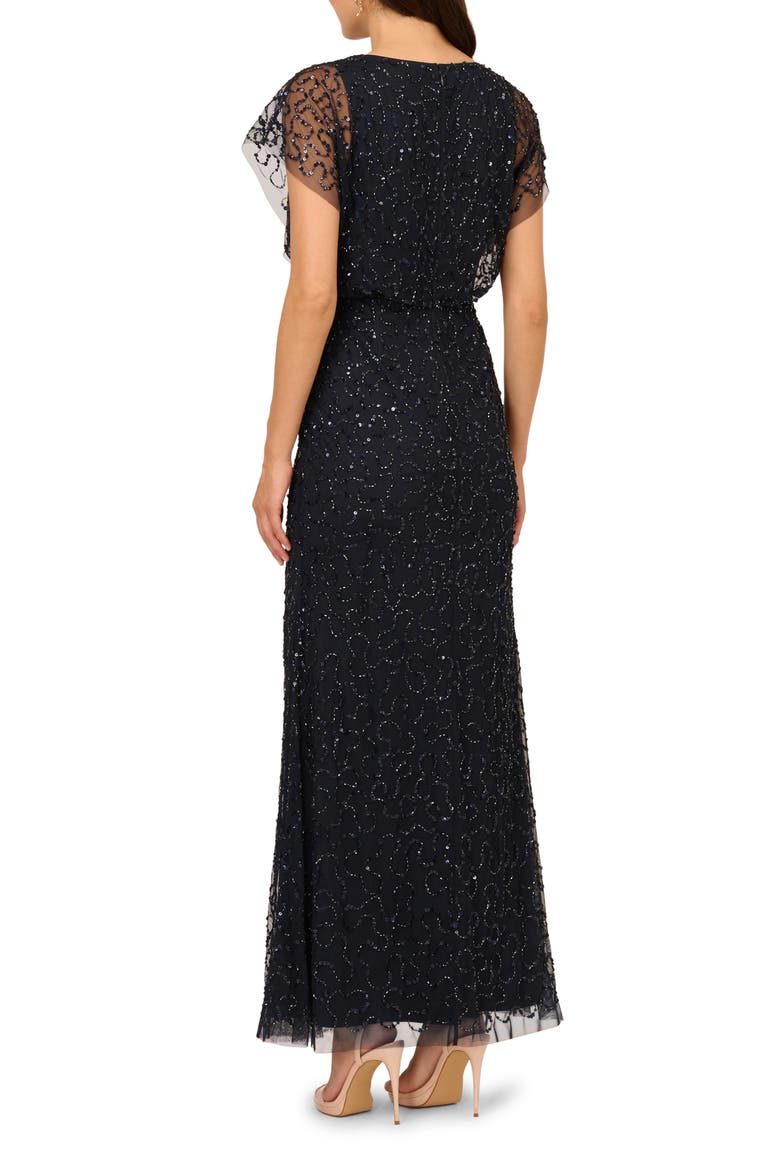 Beaded Illusion Lace Blouson Mermaid Gown, Alternate, color, MIDNIGHT MULTI