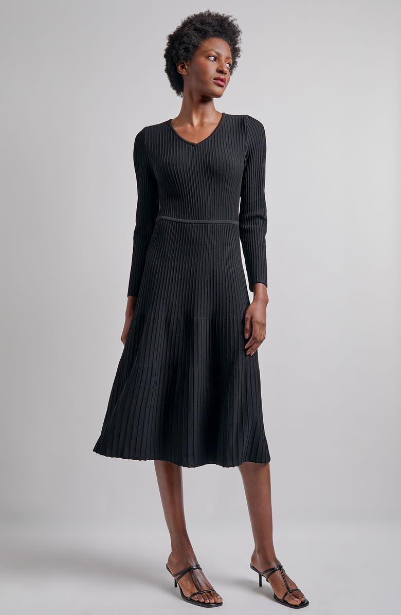 Misook Long Sleeve Rib Fit & Flare Midi Dress, Alternate, color, Black