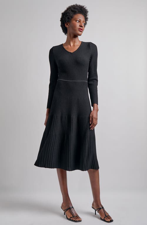 Shop Misook Long Sleeve Rib Fit & Flare Midi Dress In Black