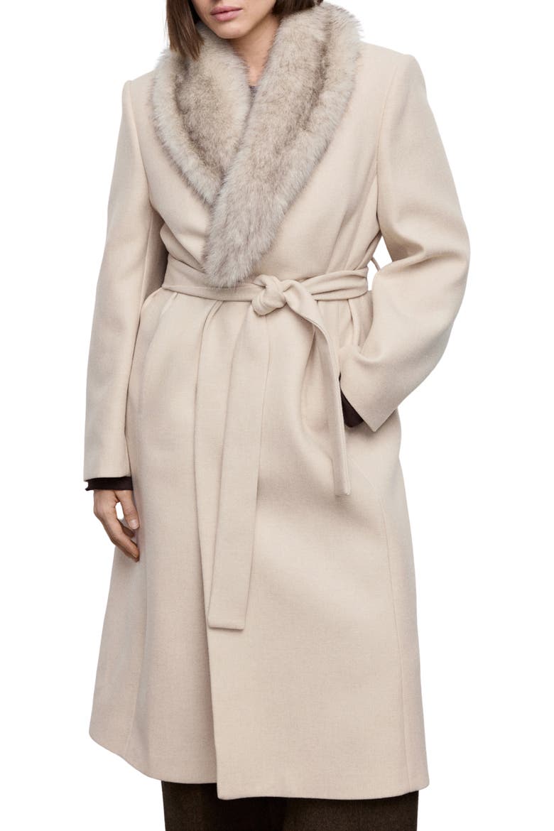 Manteco Longline Trench Coat with Removable Faux Fur Collar, Main, color, LIGHT IVORY/ PASTEL GREY