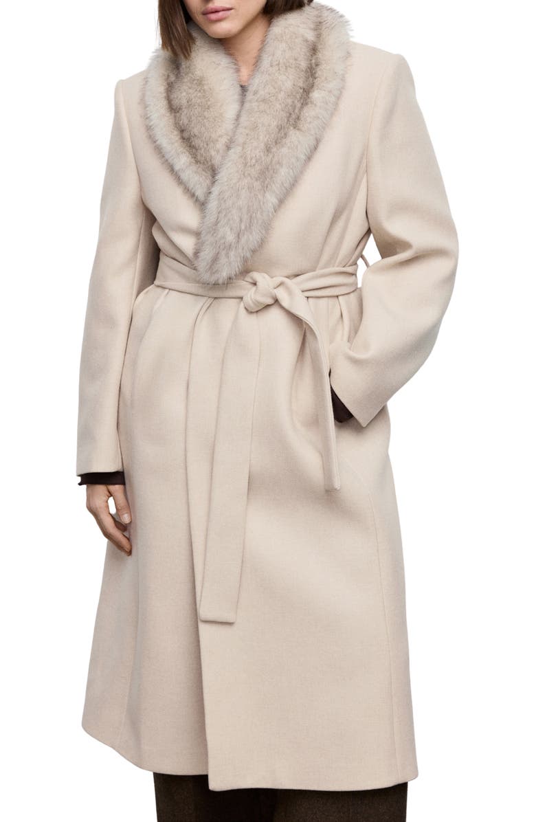 MANGO Manteco Longline Trench Coat with Removable Faux Fur Collar, Main, color, Light Ivory/ Pastel Grey