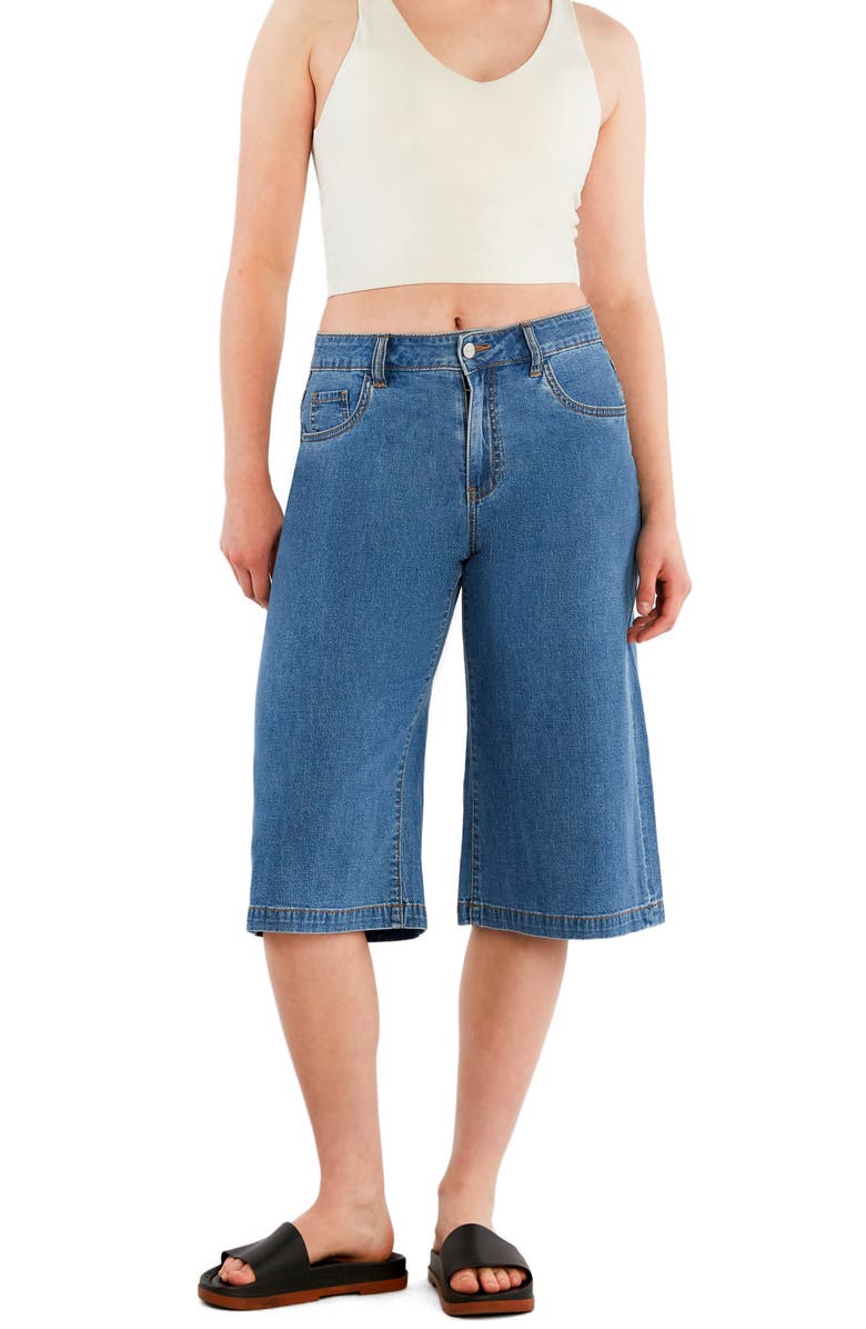 HINT OF BLU Mid Rise Relaxed Long Denim Shorts, Alternate, color, Pure Denim