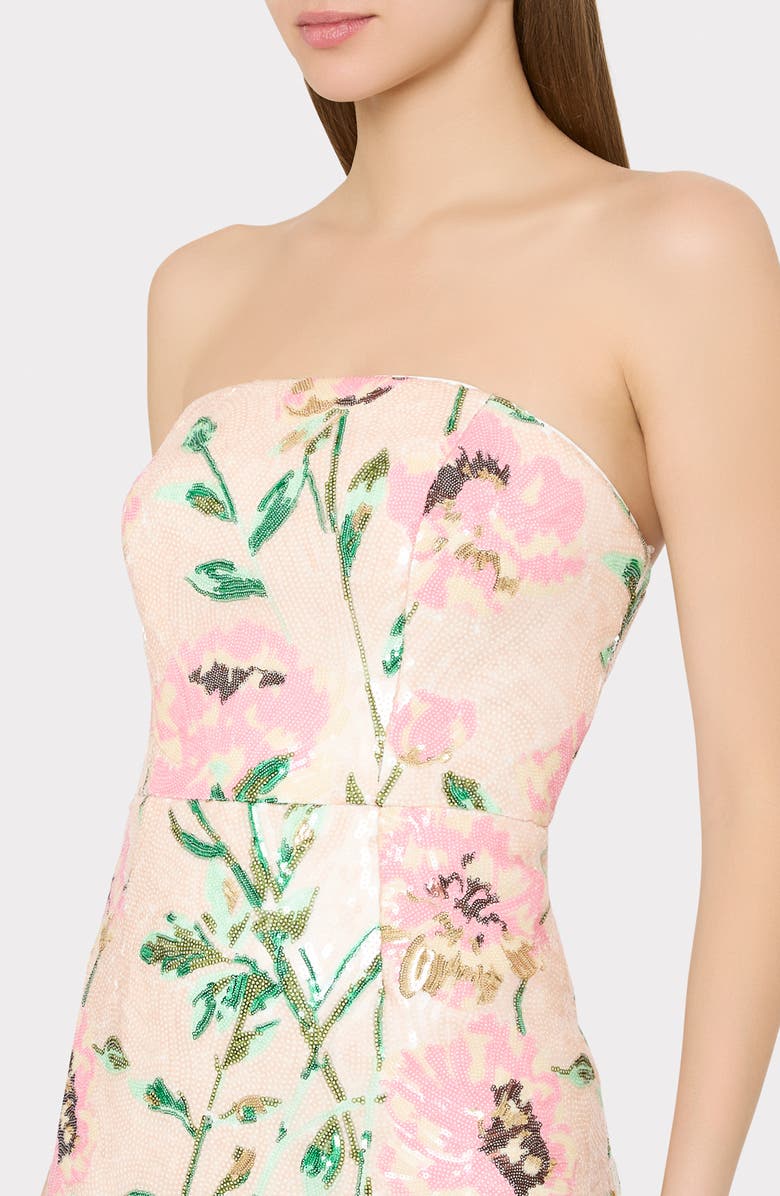Milly Kait Floral Print Sequin Strapless Midi Dress, Alternate, color, White Multi
