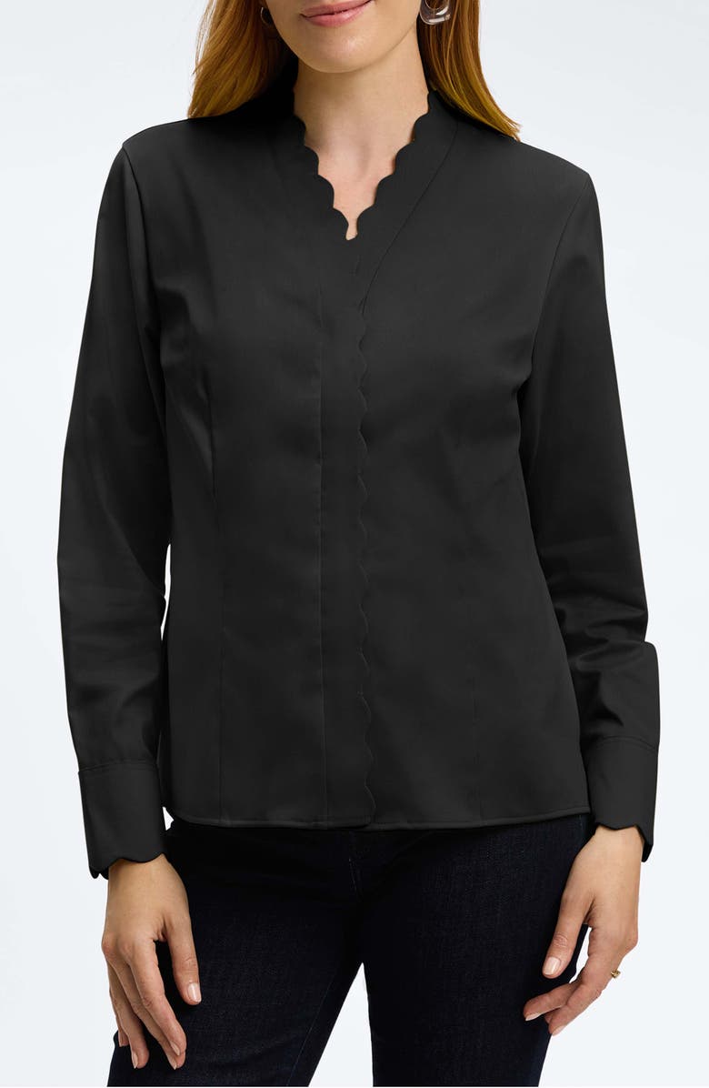 Foxcroft Bridget Scalloped Matte Sateen Button-Up Shirt, Main, color, Black