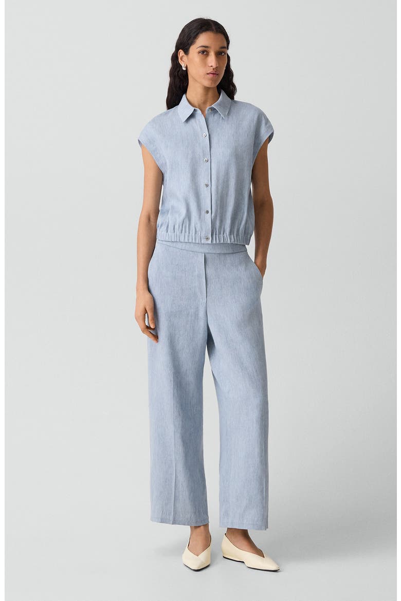 Dolman Sleeve Crop Linen Blend Chambray Button-Up Shirt, Alternate, color, SKY BLUE