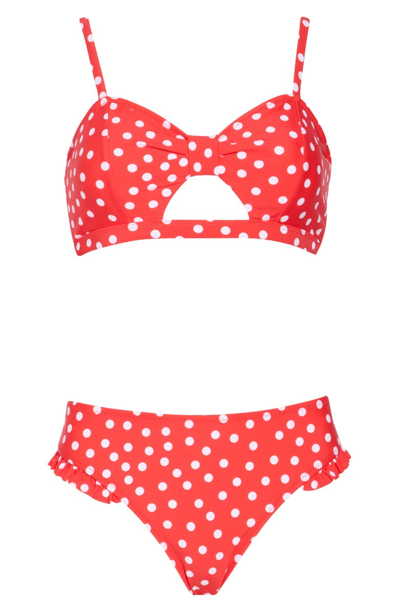 Cupshe Polka Dot Cutout Bikini Top & Ruffled Bottoms Set, Alternate, color,