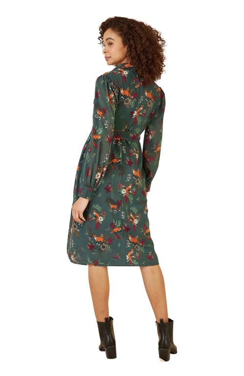 Yumi Fox Print Shirt Midi Dress In Green