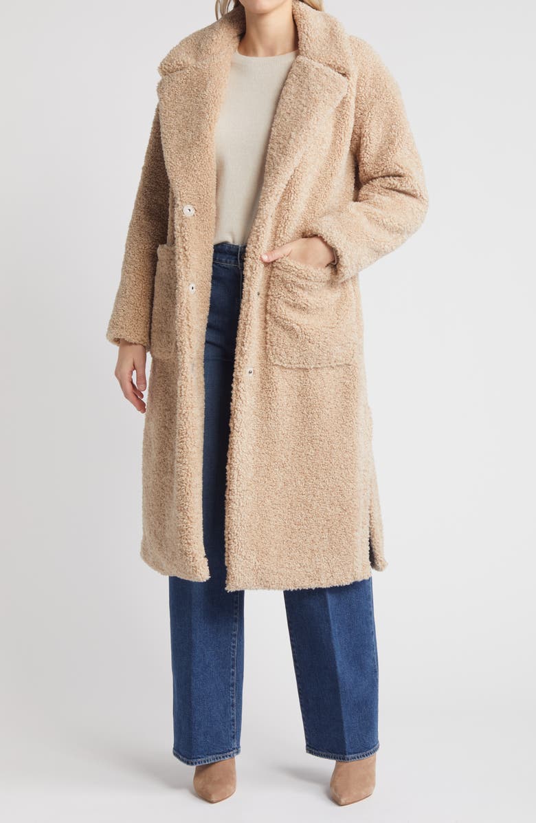 BCBG Max Azria Cozy Teddy High Pile Fleece Long Coat, Alternate, color, Oatmeal