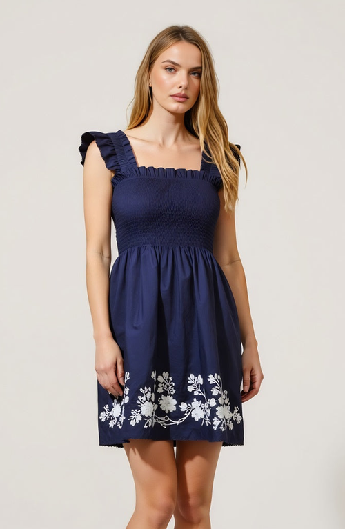 Modenaire Smocked Ruffle Strap Mini Dress With Floral Embroidery Hem