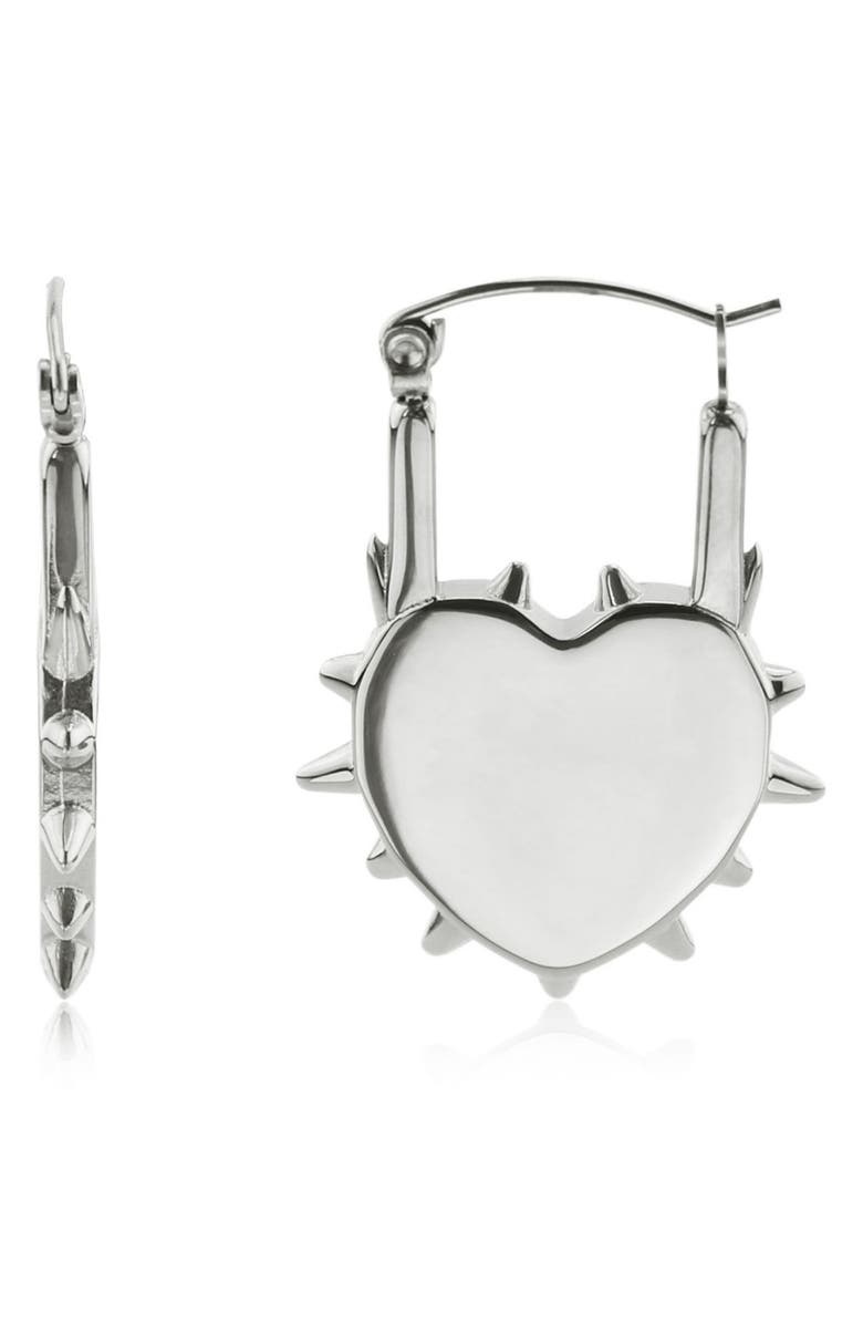 REBL Spiked Heart Huggie Hoop Earrings, Main, color, Silver