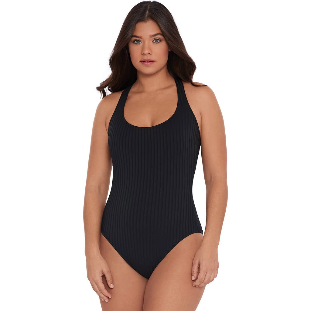 S3 Ribbed High Neck Snap Front One Piece Swimsuit In Onyx Black