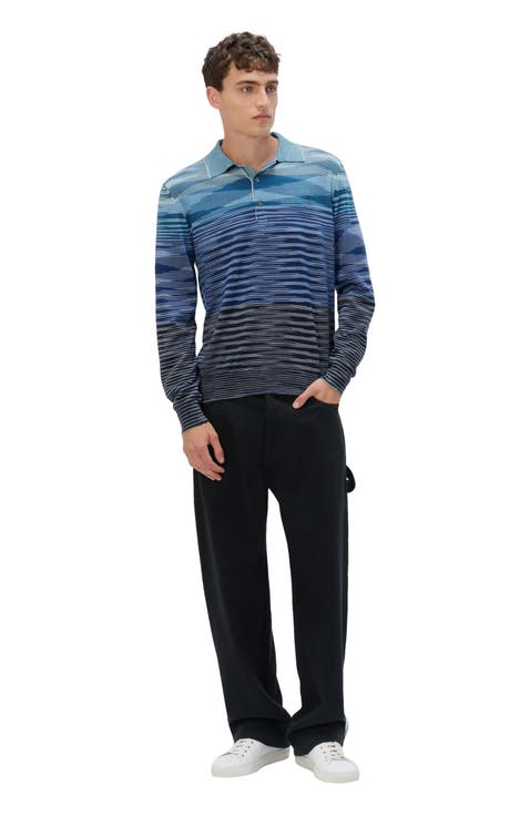 Long Sleeve Polo In Pure Wool With Flame Pattern