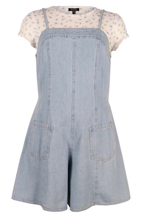 Kids' Floral Rib T-Shirt & Denim Romper Set (Big Kid)