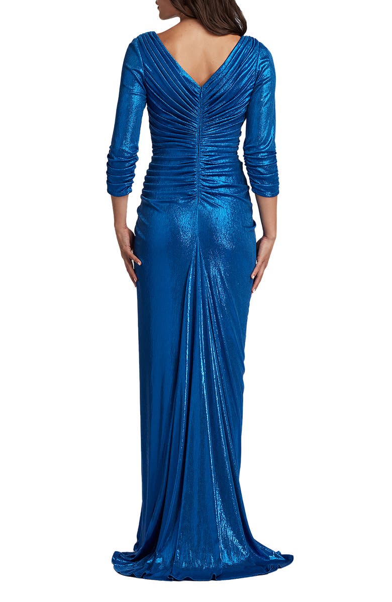 Tadashi Shoji Ruched Metallic Three-Quarter Sleeve Gown, Alternate, color, 