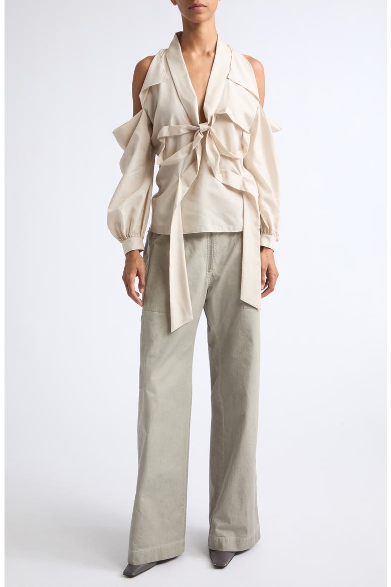 Senny Bow Fluid Cold Shoulder Top, Alternate, color, LIGHT BEIGE