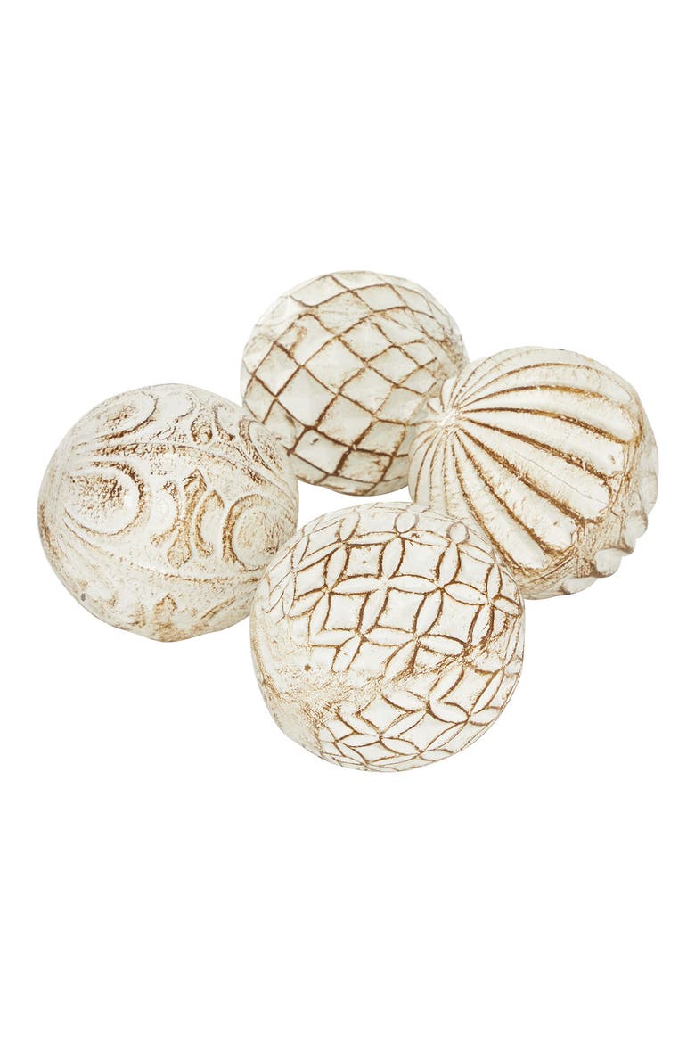 White Ceramic Handmade Carved Orbs & Vase Filler with Varying Patterns - Set of 4, Main, color, WHITE