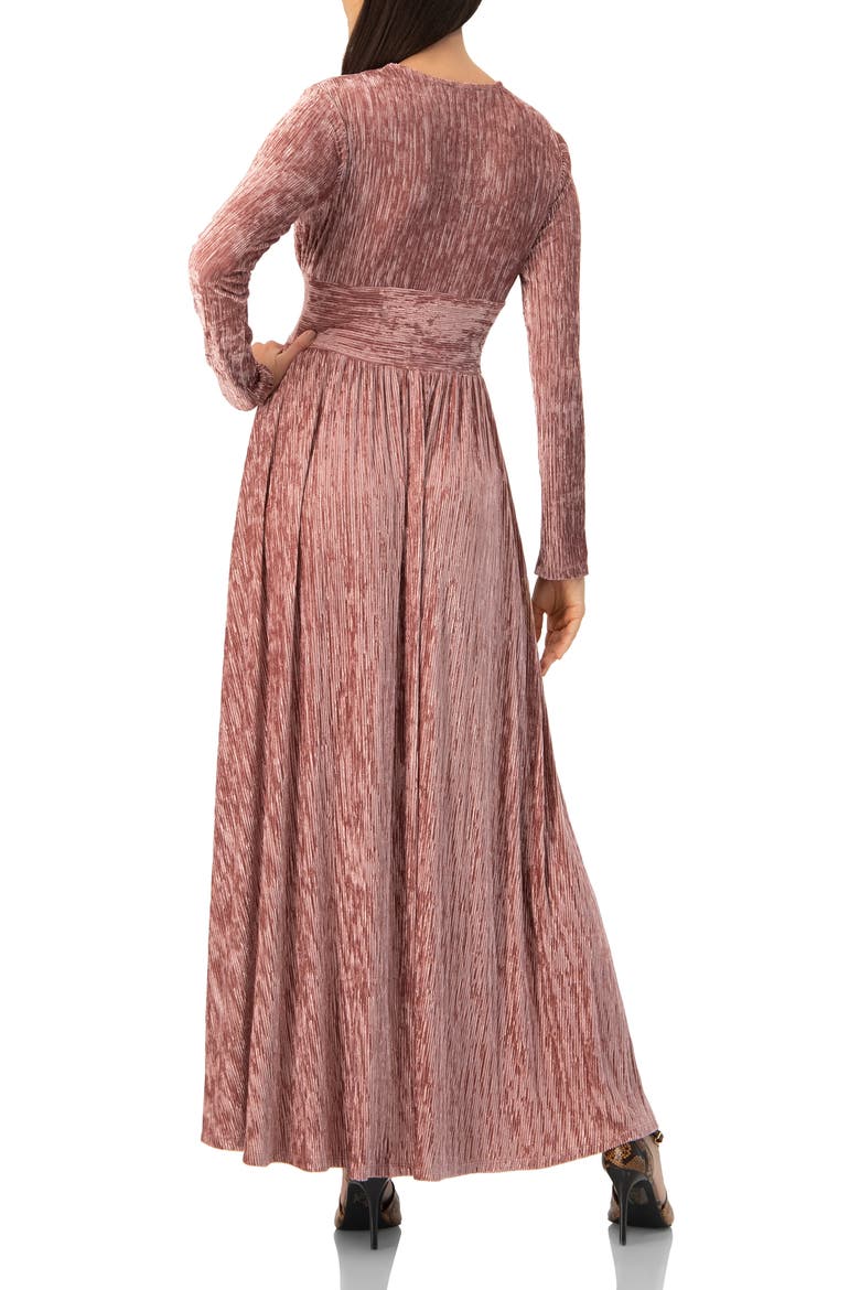 Long Velvet Pleated V-Neck Dress, Alternate, color, Dark Pink