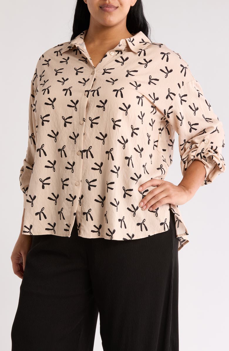 Adrianna Papell Bow Print Button-Up Shirt, Main, color, 