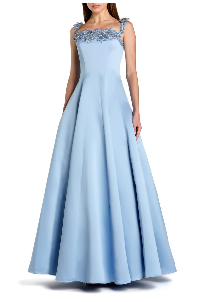 Mac Duggal Satin Beaded Off The Shoulder Ballgown, Main, color, Slate Blue