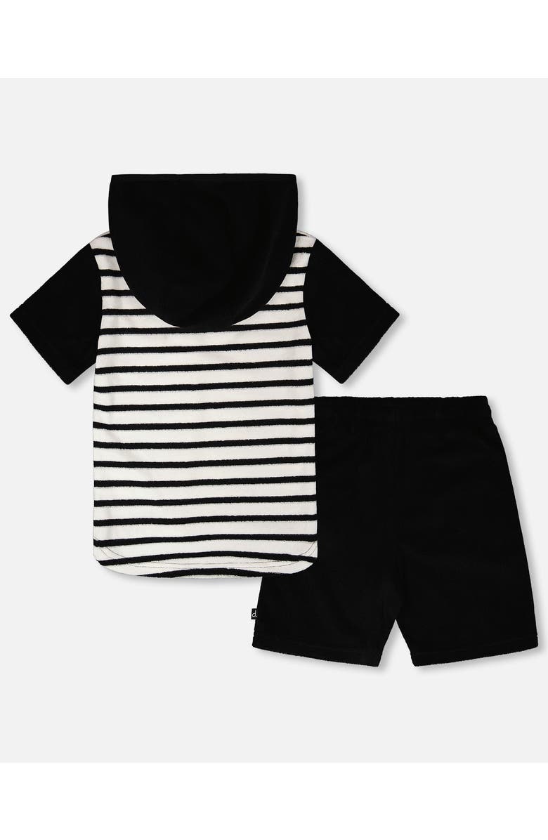 Deux par Deux Hooded Terry Stripes T-Shirt with Shorts Set, Alternate, color, Black & White Stripes