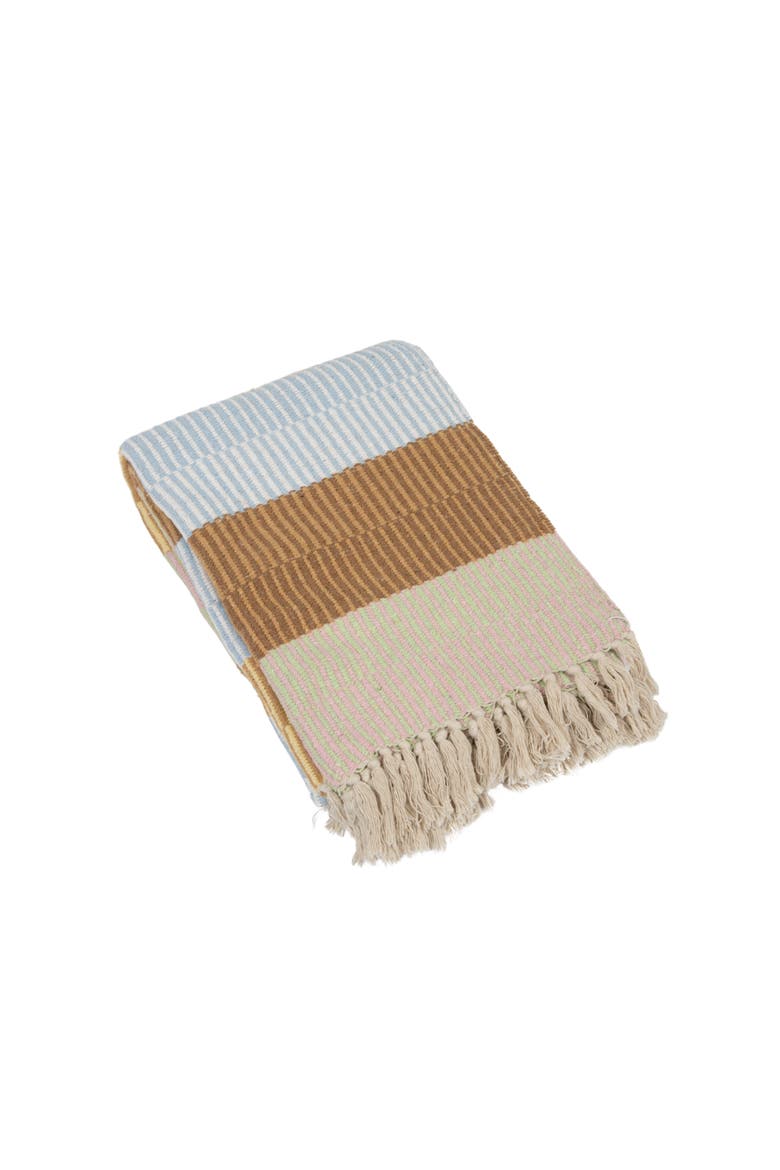 Woven Reclaimed Cotton Blend Throw with Stripes and Fringe, Multicolor, Main, color, Beige