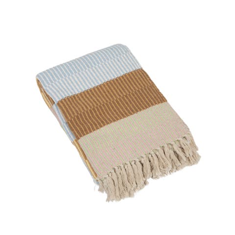 Woven Reclaimed Cotton Blend Throw with Stripes and Fringe, Multicolor