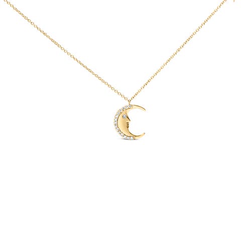 14K Yellow Gold 1/10 Cttw Diamond Crescent Man on the Moon Pendant Necklace