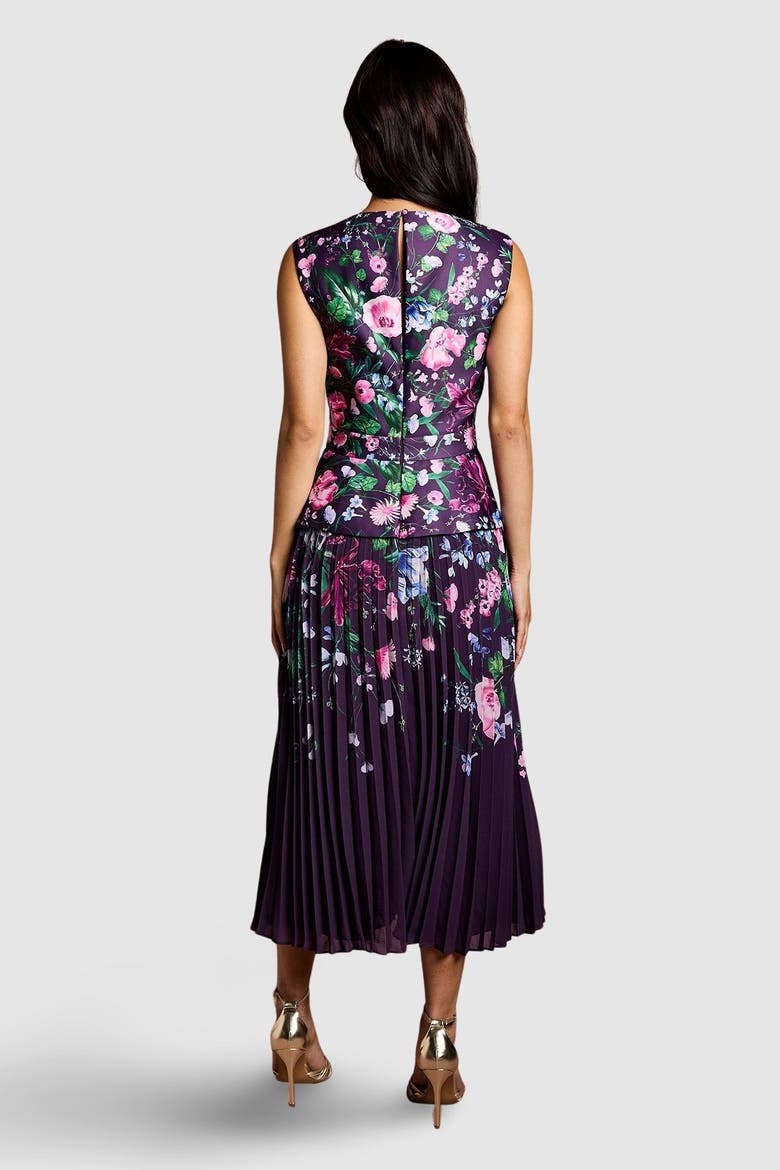 Structured Print Pleated Midi Dress, Alternate, color, Berry