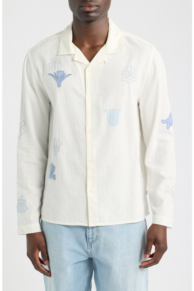 Corey Embroidered Doodle Cotton Camp Shirt, Main, color, ECRU / BLUE