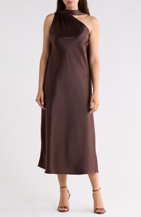 One-Shoulder Scarf Satin Dress